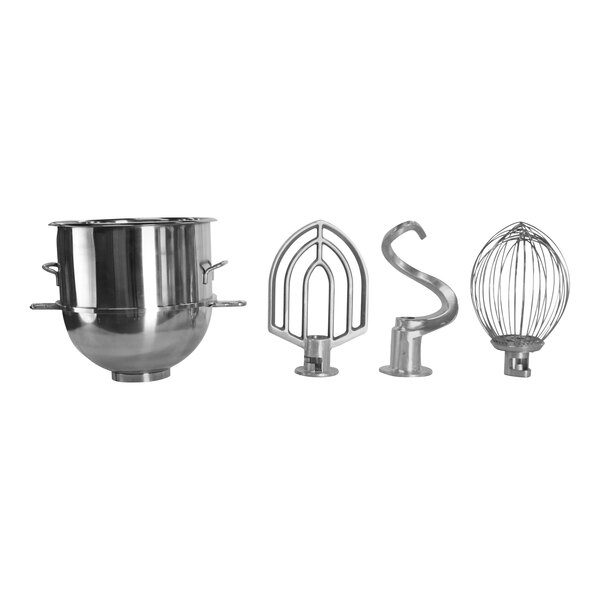 A group of metal Globe mixer bowls and accessories.