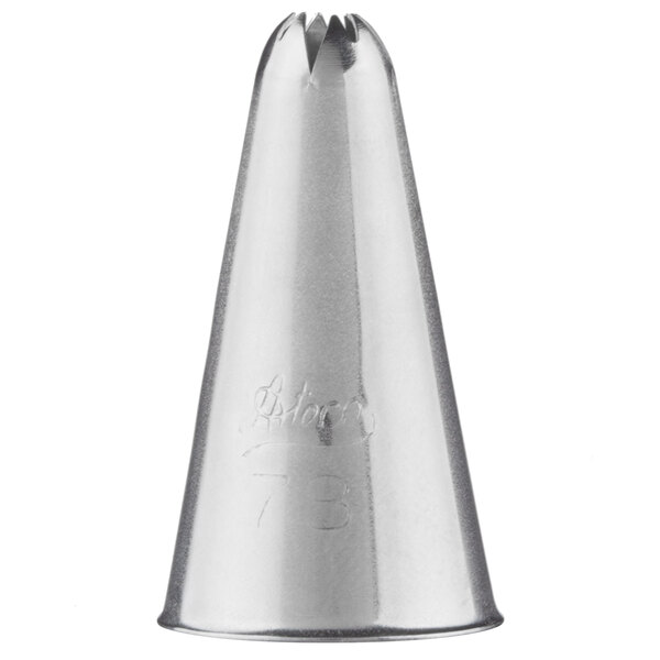 An Ateco silver metal piping tip with a cross-top nozzle.