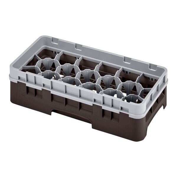 A brown and grey plastic Cambro glass rack with 17 compartments and an extender with holes.