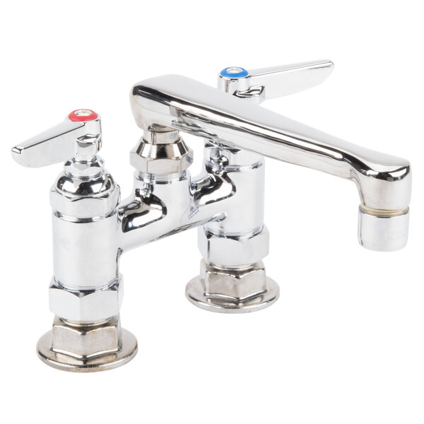 A chrome T&S deck-mounted faucet with two lever handles.