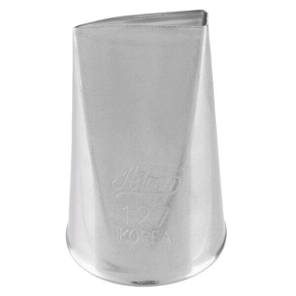A silver Ateco rose leaf piping tip with a logo on it.