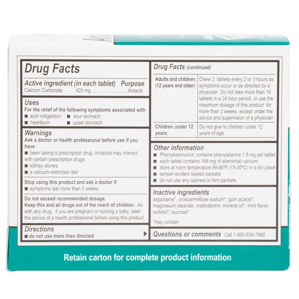 A box of Medi-First antacid tablets with drug facts on it.