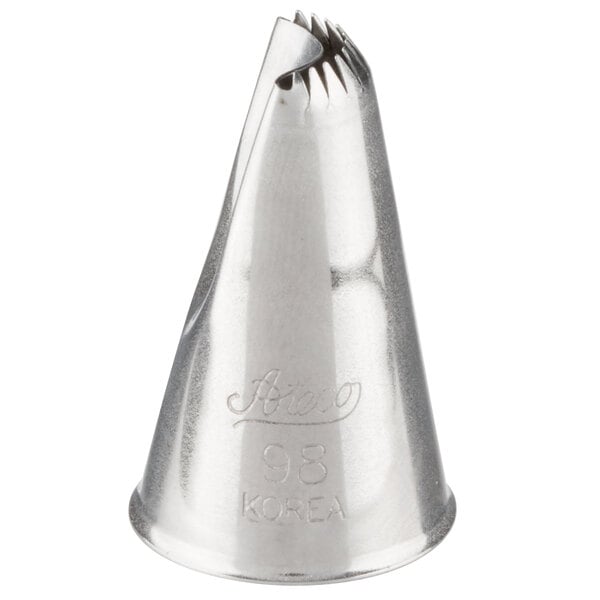 An Ateco silver shell piping tip with a handle.