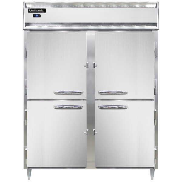 A white rectangular Continental reach-in refrigerator with two black half doors.