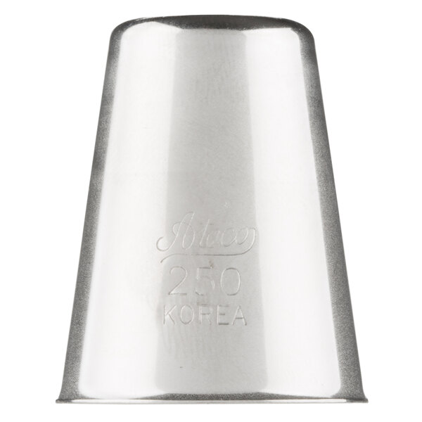 A silver metal Ateco Christmas tree piping tip with writing on it.