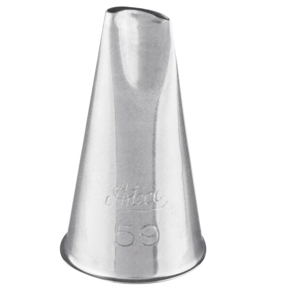 A silver Ateco curved petal piping tip with a number on it.