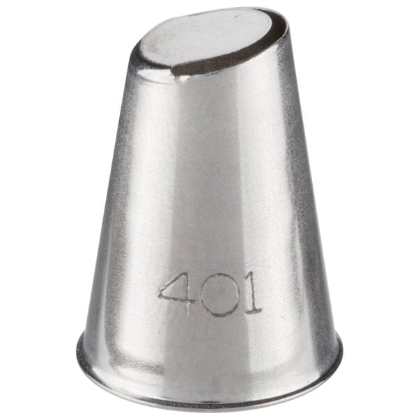 A silver metal Ateco U-shape ruffle piping tip with the number 401 on it.