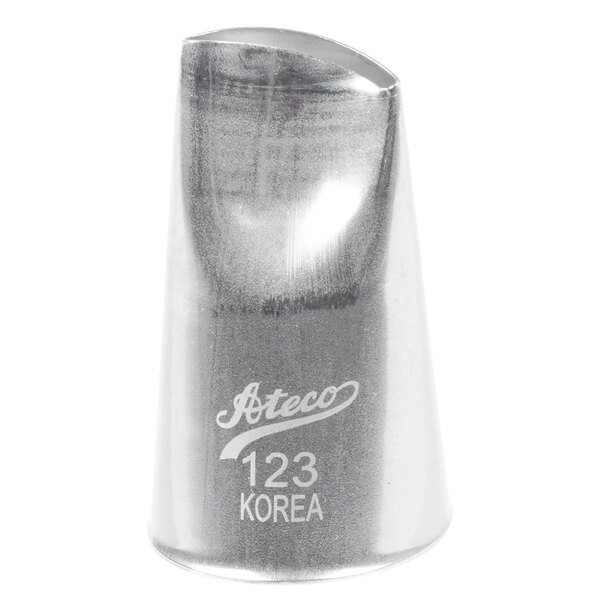 A silver Ateco piping tip with the number 123 on it.