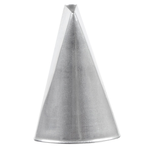 A silver cone-shaped metal piping tip with a cone-shaped opening.