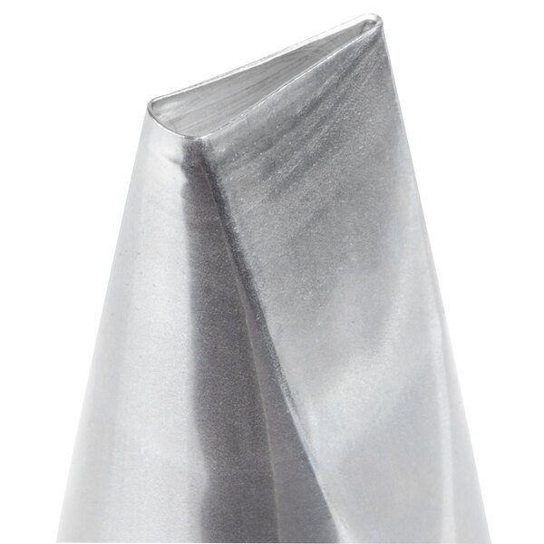 A close-up of a silver cone shaped Ateco 124 Rose Leaf Piping Tip.