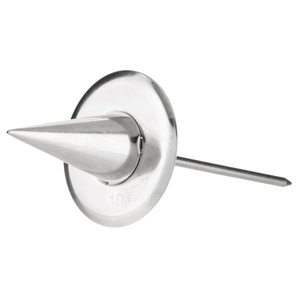 A stainless steel flower nail with a pointed metal tip.