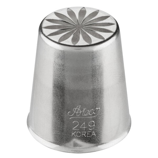 A silver metal Ateco Russian piping tip with a flower design.