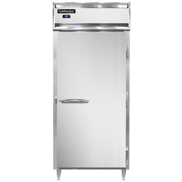 A white Continental reach-in refrigerator with a silver handle on the door.