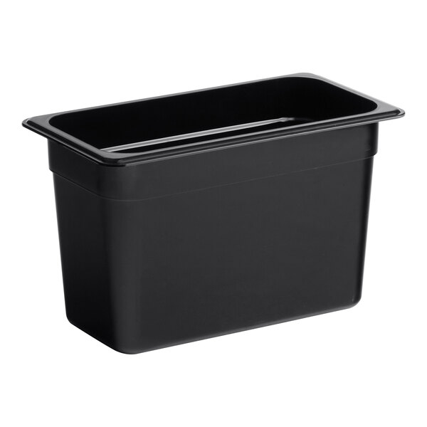 A black rectangular Cambro plastic food pan.