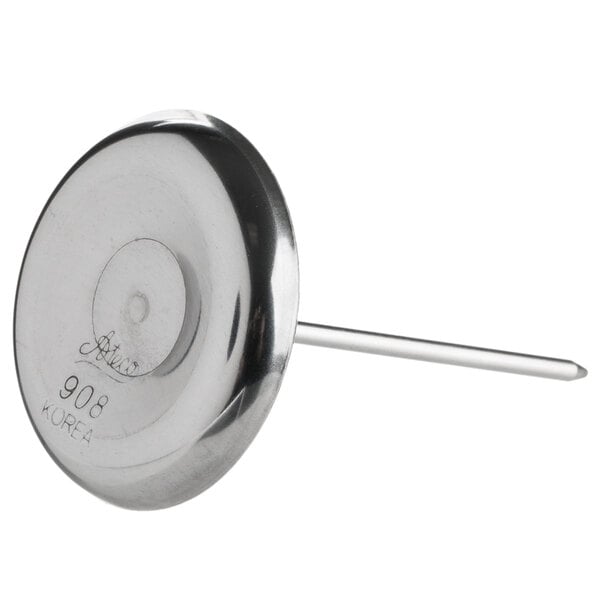 An Ateco stainless steel concave flower nail with a metal handle.