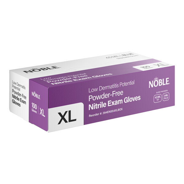 A box of Noble Low Dermatitis Potential Powder-Free Nitrile Exam Gloves in extra large size, containing 100 gloves.