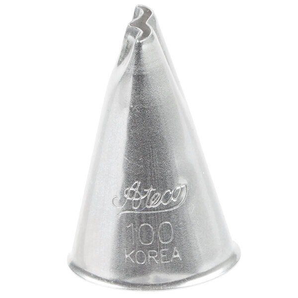 A silver cone shaped Ateco 100 ruffle piping tip.