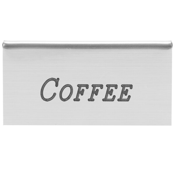 A silver stainless steel Cal-Mil coffee beverage tent on a counter with the word coffee in black.