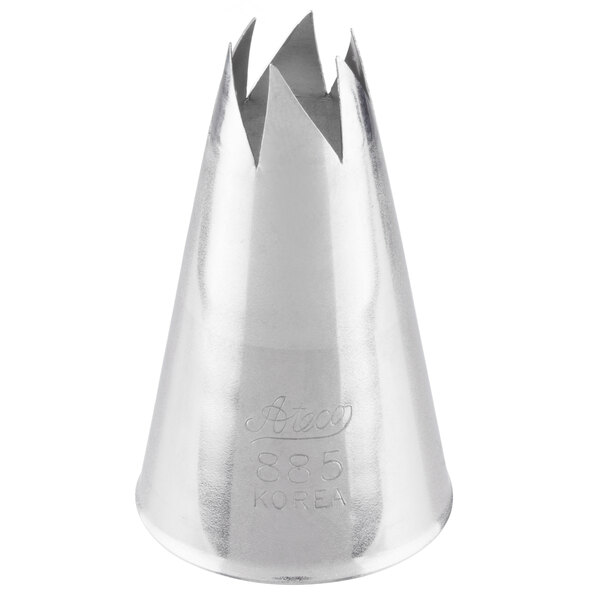 A silver metal Ateco Swirl Top piping tip nozzle.