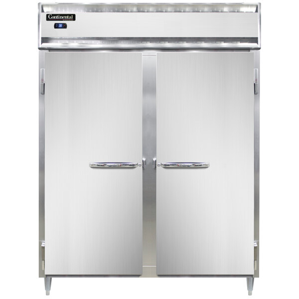 A white Continental reach-in refrigerator with two doors open.