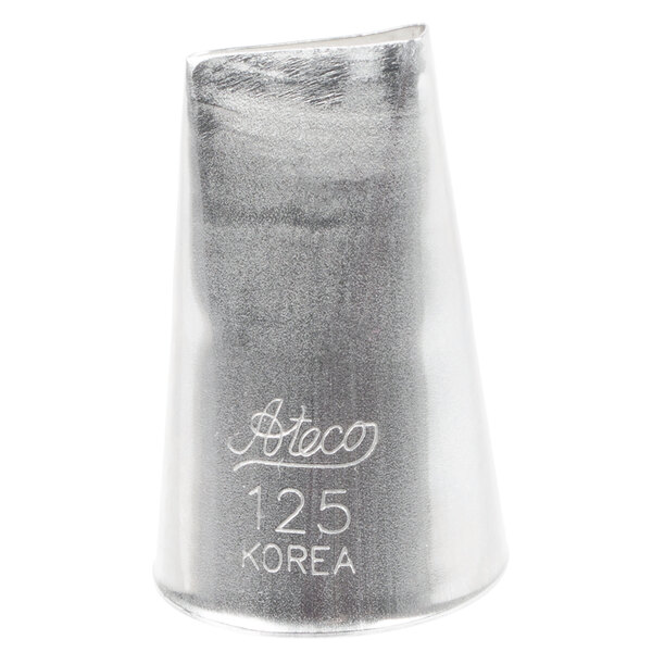 A silver metal Ateco 125 Rose Leaf piping tip.