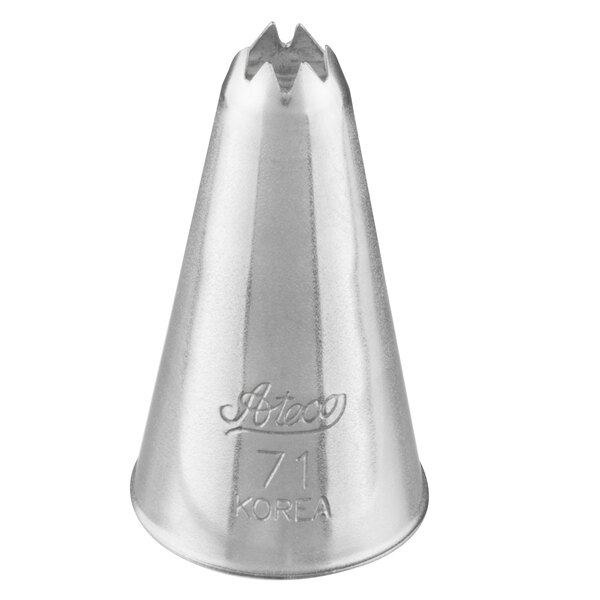A silver cone shaped Ateco leaf piping tip.