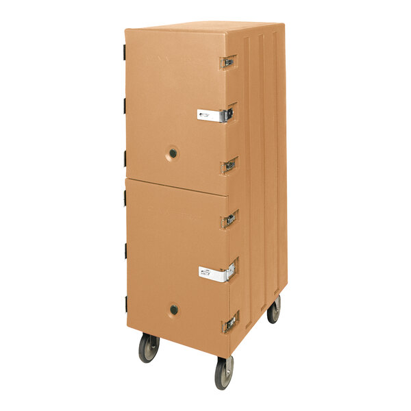 A beige Cambro Camcart with double compartments and wheels.