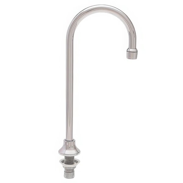 A Fisher stainless steel deck-mounted faucet with a gooseneck nozzle.