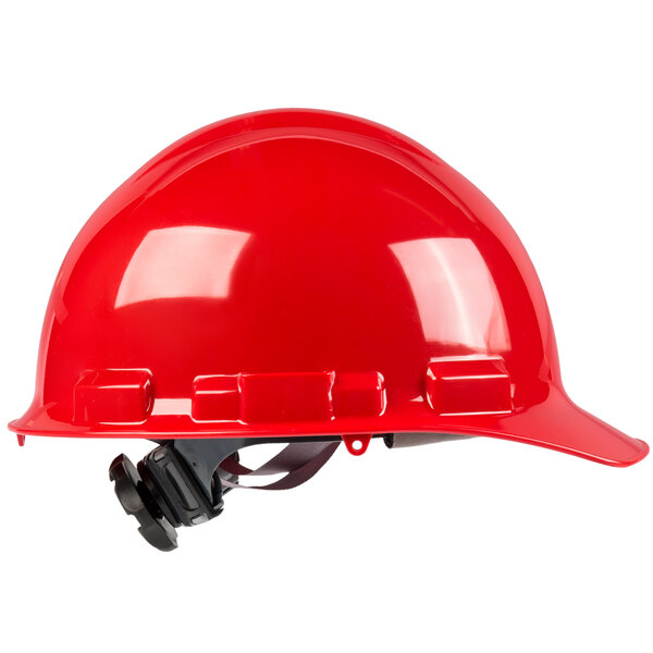 A Cordova red hard hat with a 4-point ratchet strap.