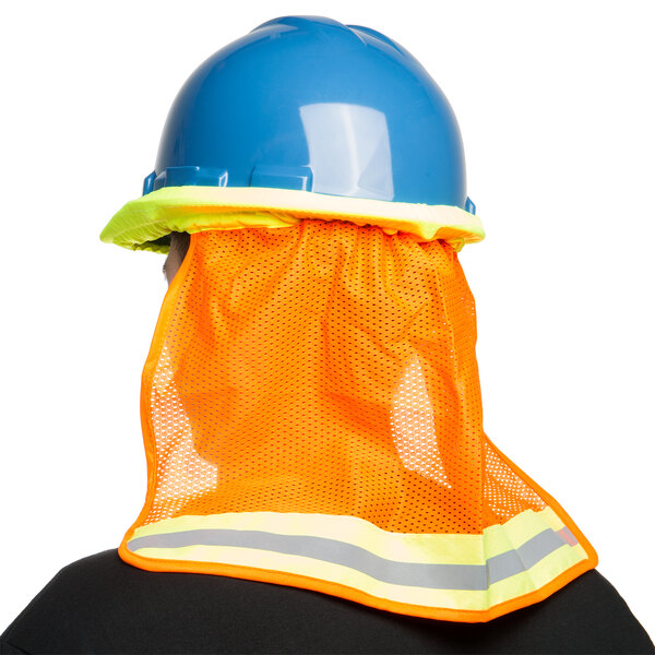 A person wearing a Cordova blue hard hat and visor.