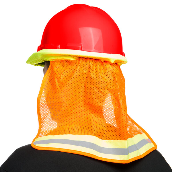 A person wearing a Cordova red safety hard hat and a reflective vest.