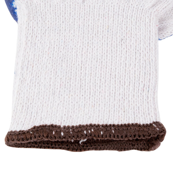 A white and blue knitted glove with brown latex coating.