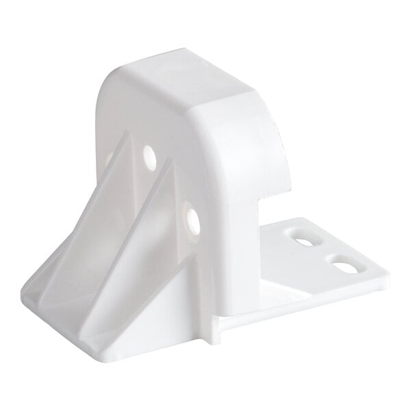 A white plastic bracket with a right-angle design, featuring four mounting holes and reinforced support ribs.
