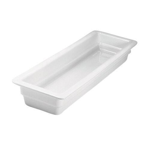 A white rectangular China food pan with a handle.