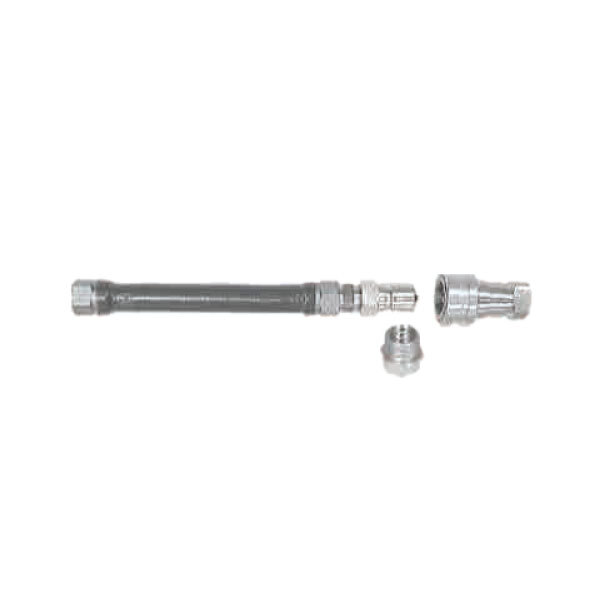 A metal pipe with metal fittings on each end.