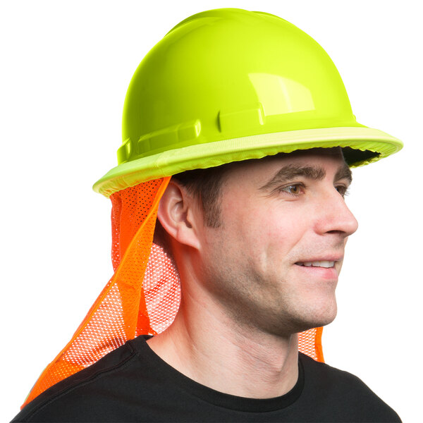 A man wearing a green Cordova Duo full-brim hard hat with orange mesh.