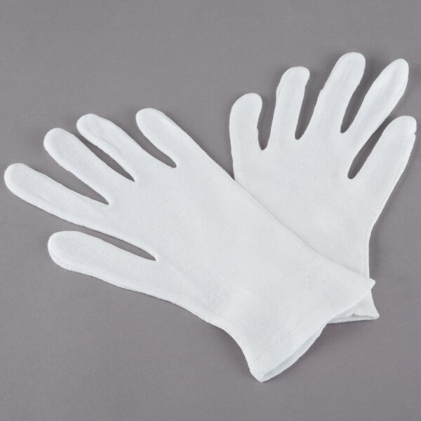 A pair of white Cordova Medium Weight Polyester / Cotton Reversible Lisle Gloves.