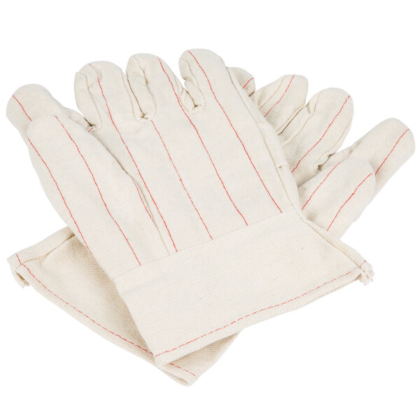 Two white gloves with red stitching.