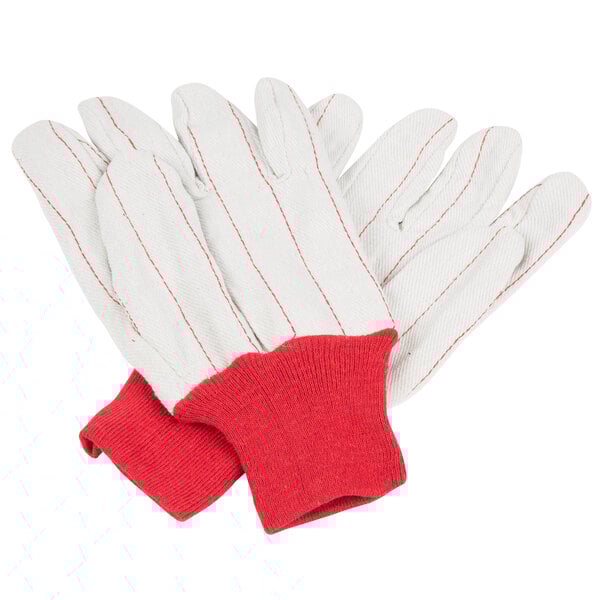 A pack of 12 Cordova white and red nap-in cotton work gloves.