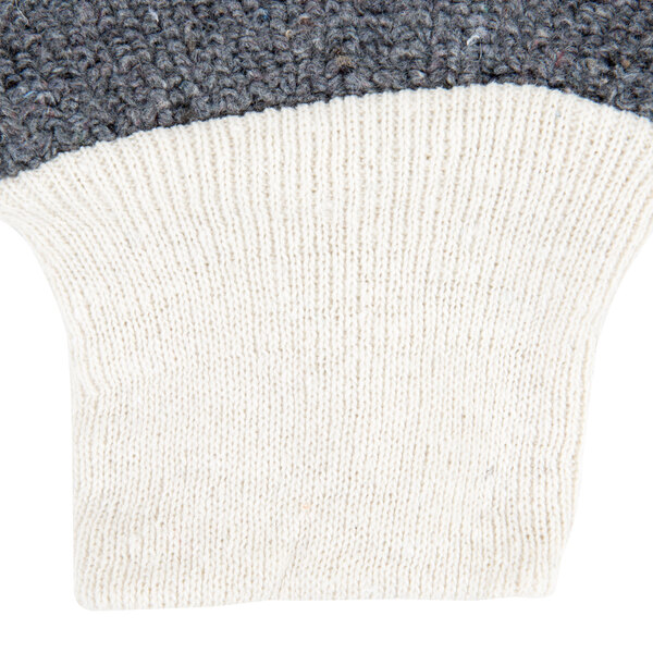 A close up of Cordova loop-out work gloves with grey and white stripes.