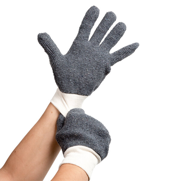 A pair of extra large Cordova polyester and cotton loop-out work gloves on a pair of hands.
