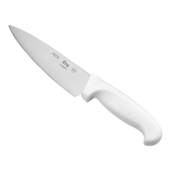 A 6-inch chef knife with a white handle.