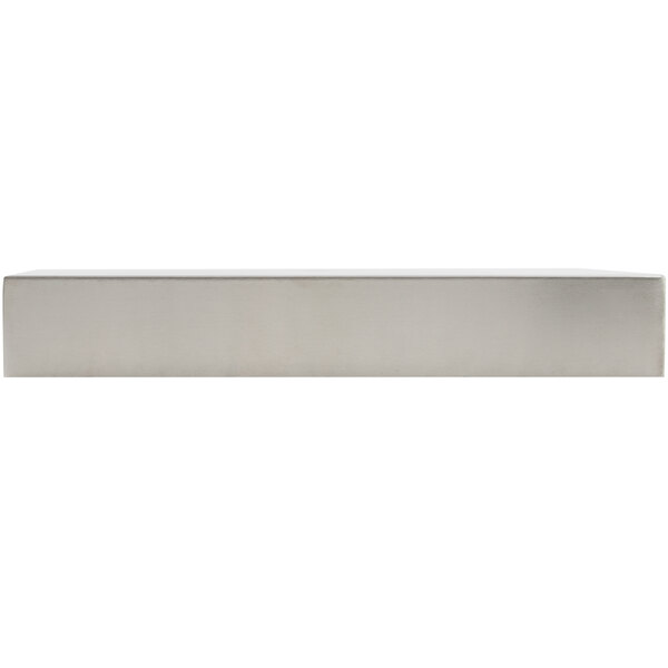 A Tablecraft stainless steel rectangular bowl on a white table.