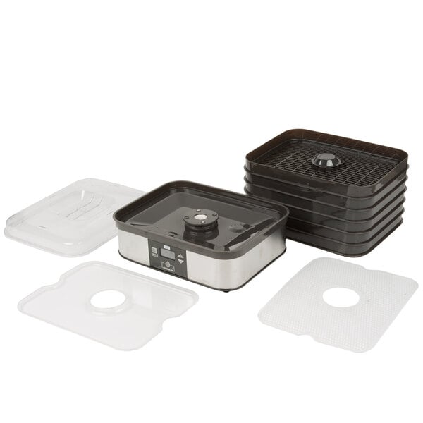 A stack of black Weston plastic trays with lids.