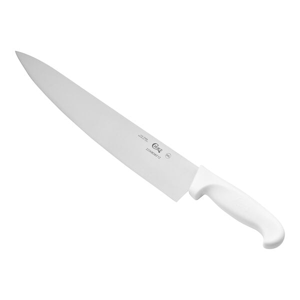 A 12-inch chef knife with a white handle.