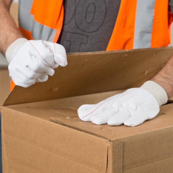 A person wearing Cordova natural polyester/cotton double palm work gloves opening a box.