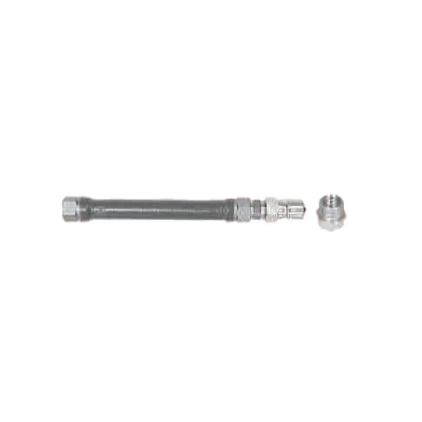 A black Dormont water connector hose with a metal fitting on the end.