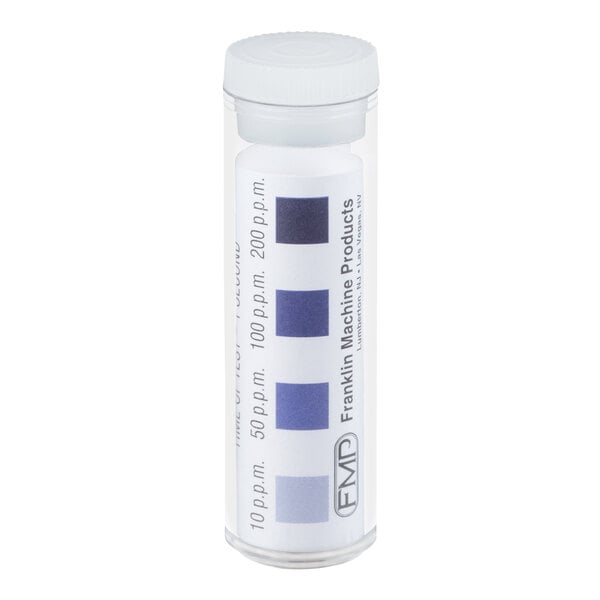 A clear plastic container with a white cap, holding a roll of test strips featuring a color comparison chart with varying shades of blue and labeled concentration levels.