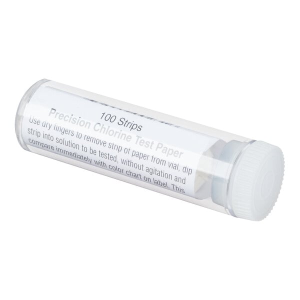 A clear plastic vial with a white screw cap containing 100 chlorine test strips, labeled with usage instructions.