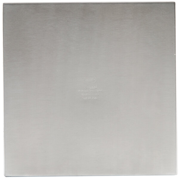 A Tablecraft stainless steel square bowl with straight sides on a table with a white tablecloth.